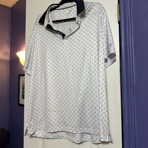 Men’s Maelreg Performance Golf Polo – White & Black with Crossed Club Pattern